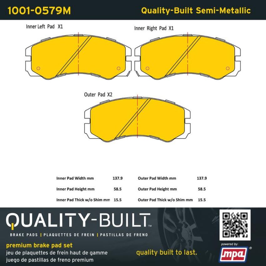 MPA 1001-0579M Quality-Built Premium Semi-Metallic Brake Pads w/ Hardware