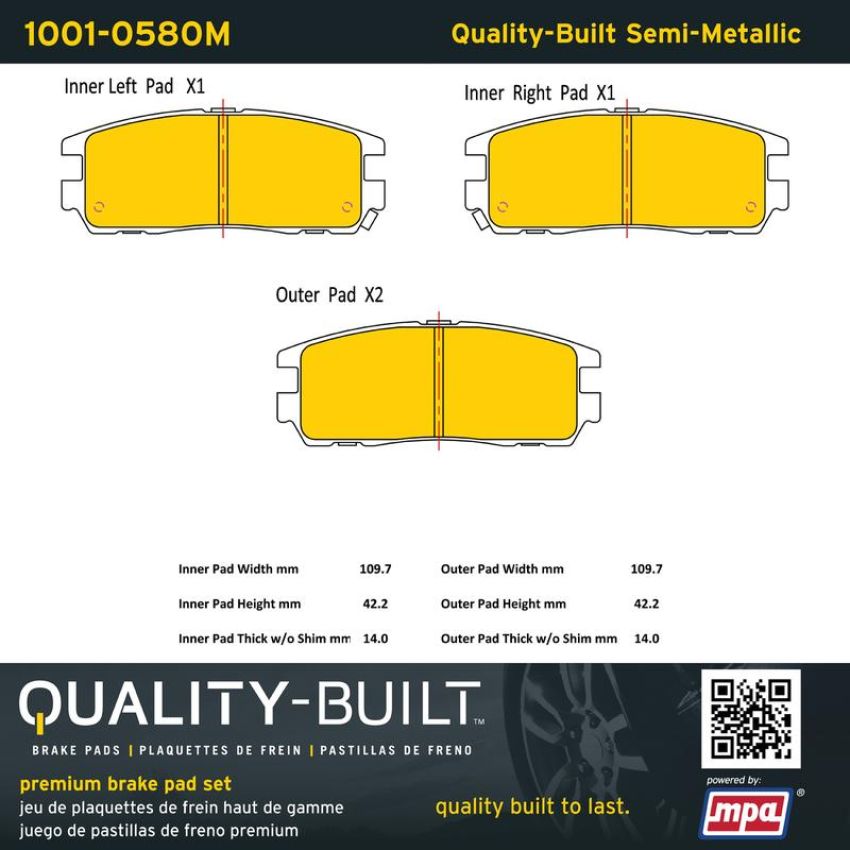 MPA 1001-0580M Quality-Built Premium Semi-Metallic Brake Pads w/ Hardware