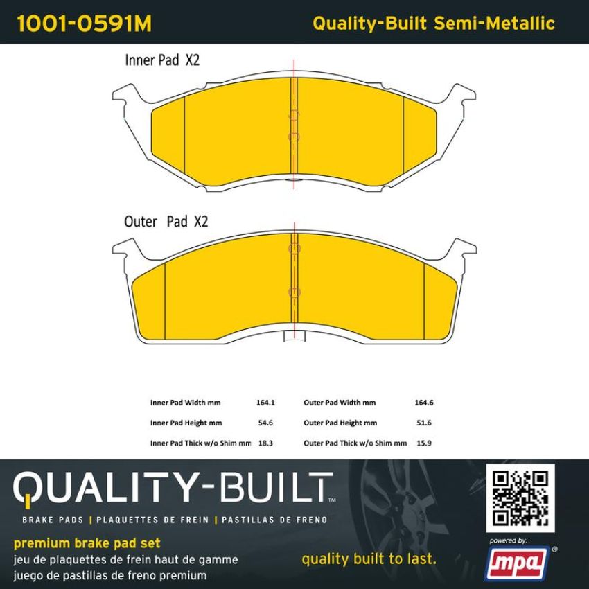 MPA 1001-0591M Quality-Built Premium Semi-Metallic Brake Pads w/ Hardware