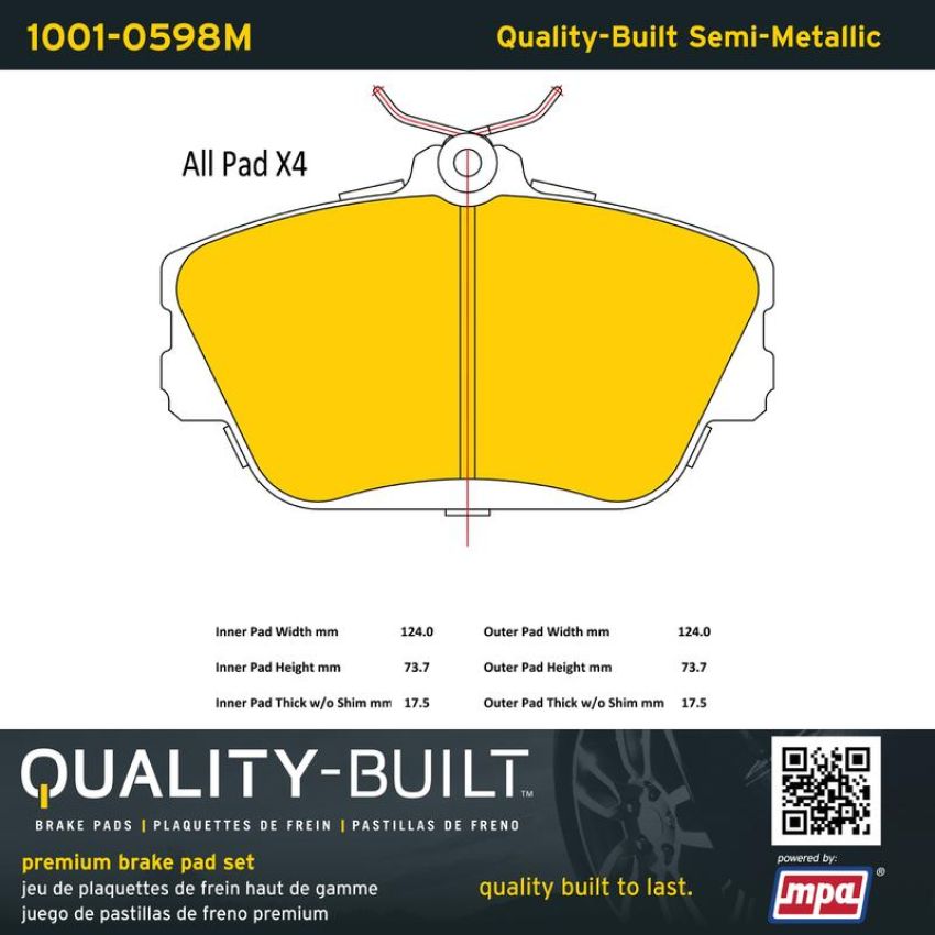 MPA 1001-0598M Quality-Built Premium Semi-Metallic Brake Pads w/ Hardware