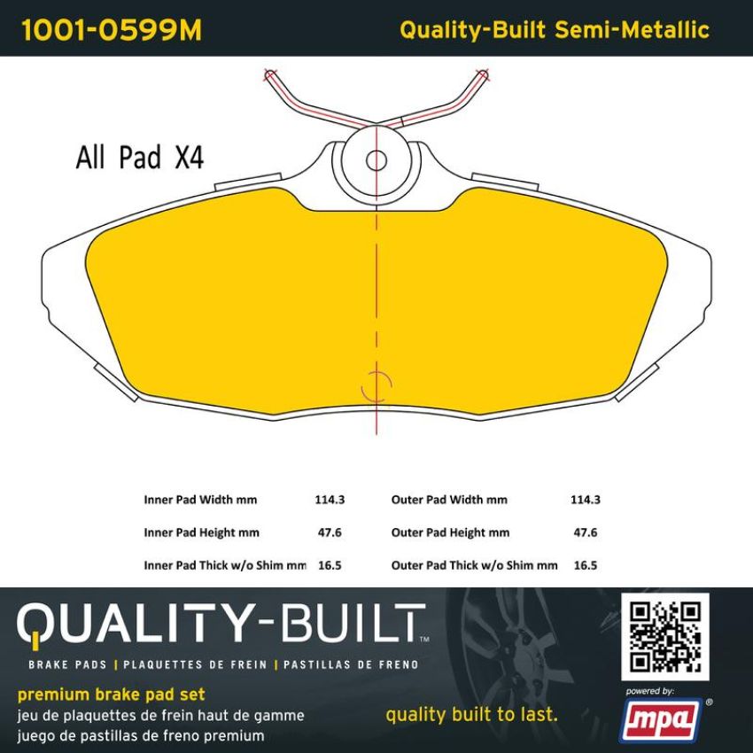 MPA 1001-0599M Quality-Built Premium Semi-Metallic Brake Pads w/ Hardware