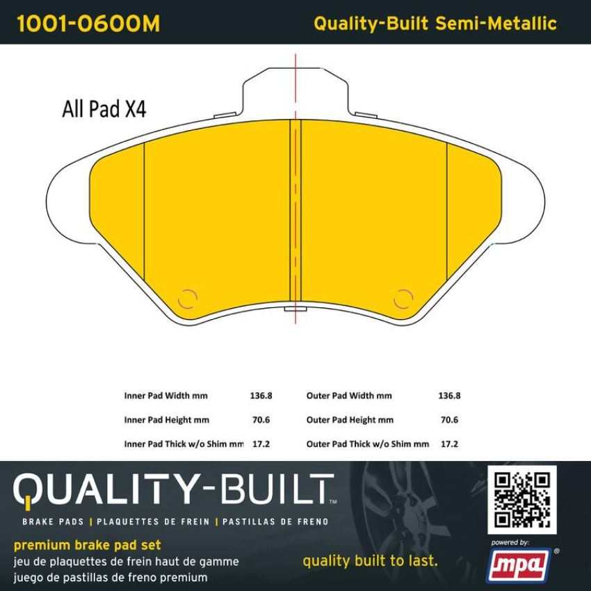 MPA 1001-0600M Quality-Built Premium Semi-Metallic Brake Pads w/ Hardware