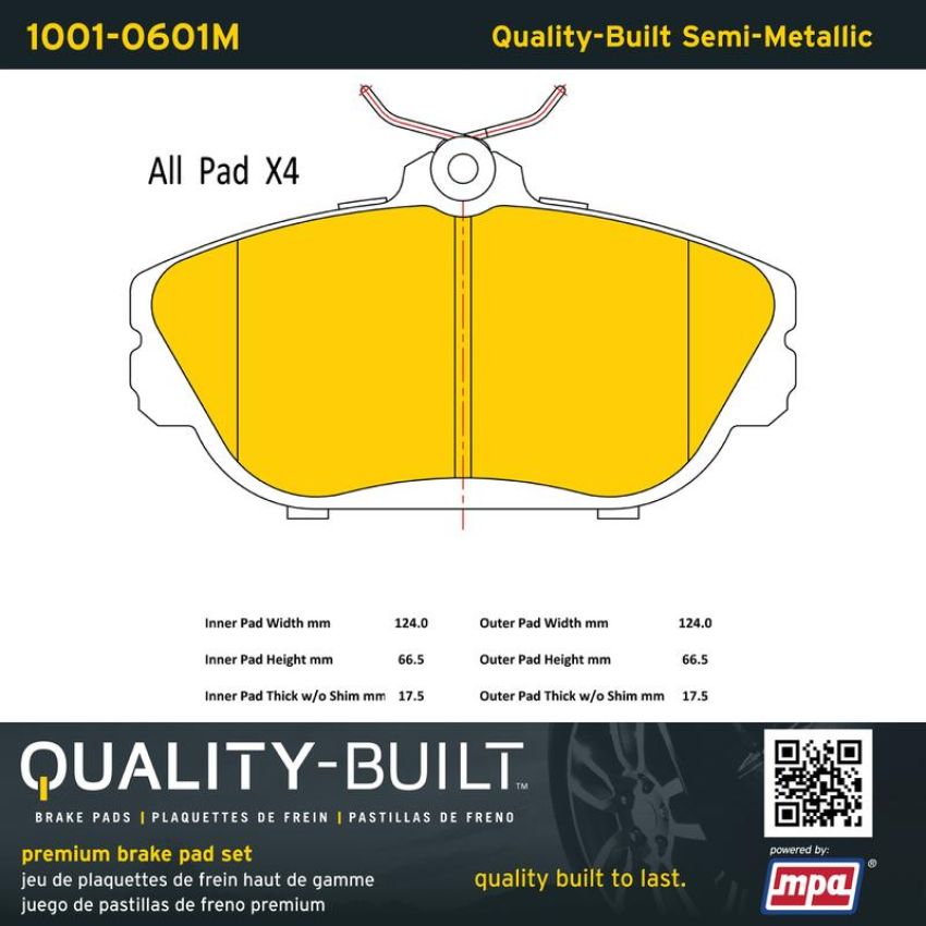 MPA 1001-0601M Quality-Built Premium Semi-Metallic Brake Pads w/ Hardware