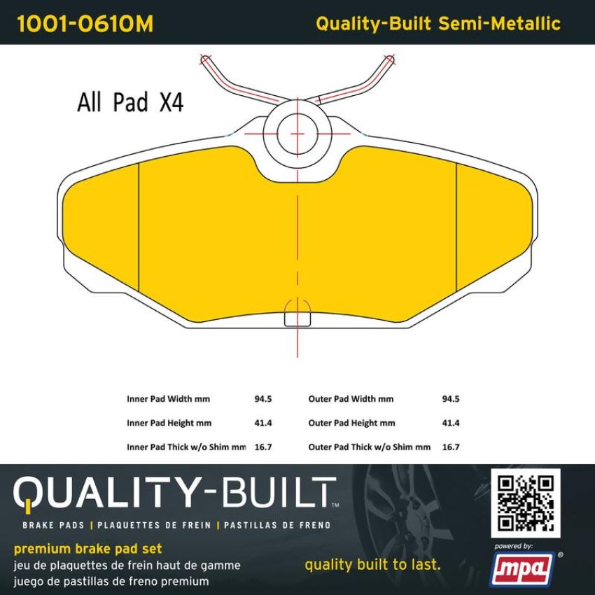 MPA 1001-0610M Quality-Built Premium Semi-Metallic Brake Pads w/ Hardware