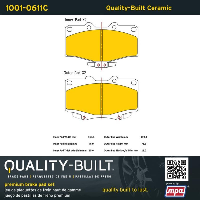 MPA 1001-0611C Quality-Built Premium Ceramic Brake Pads w/ Hardware
