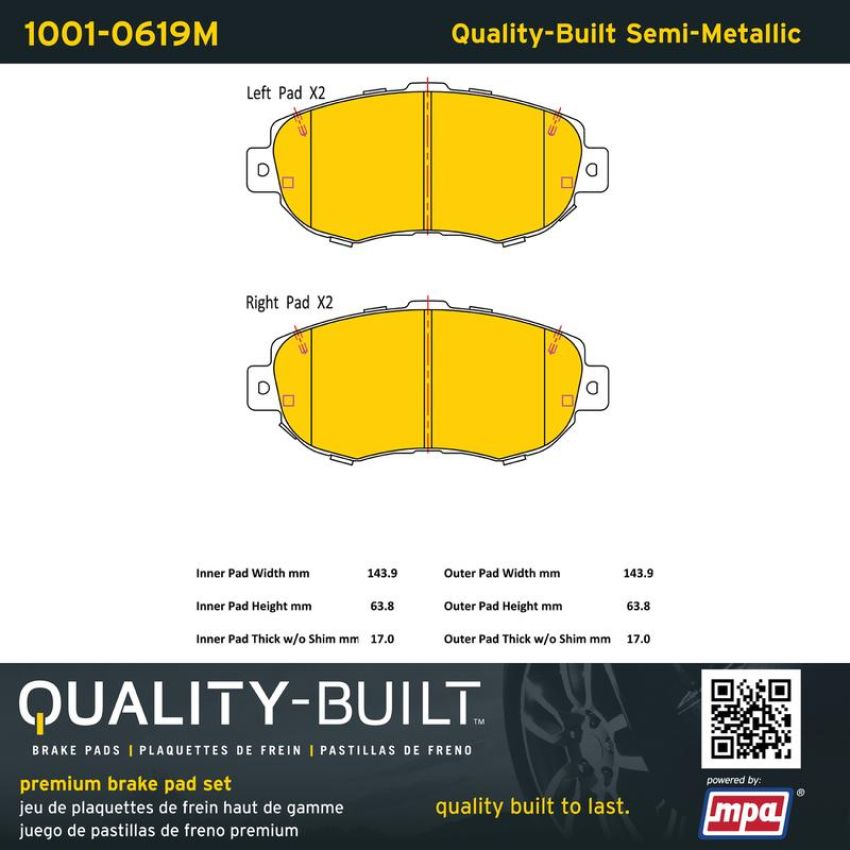MPA 1001-0619M Quality-Built Premium Semi-Metallic Brake Pads w/ Hardware