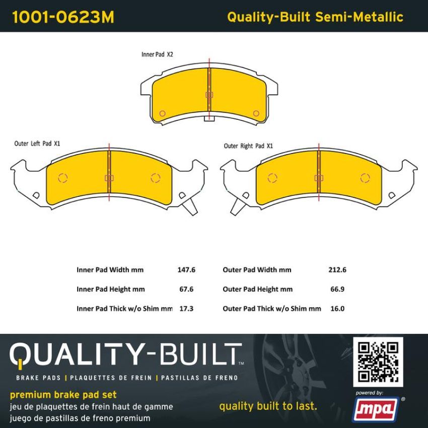 MPA 1001-0623M Quality-Built Premium Semi-Metallic Brake Pads w/ Hardware