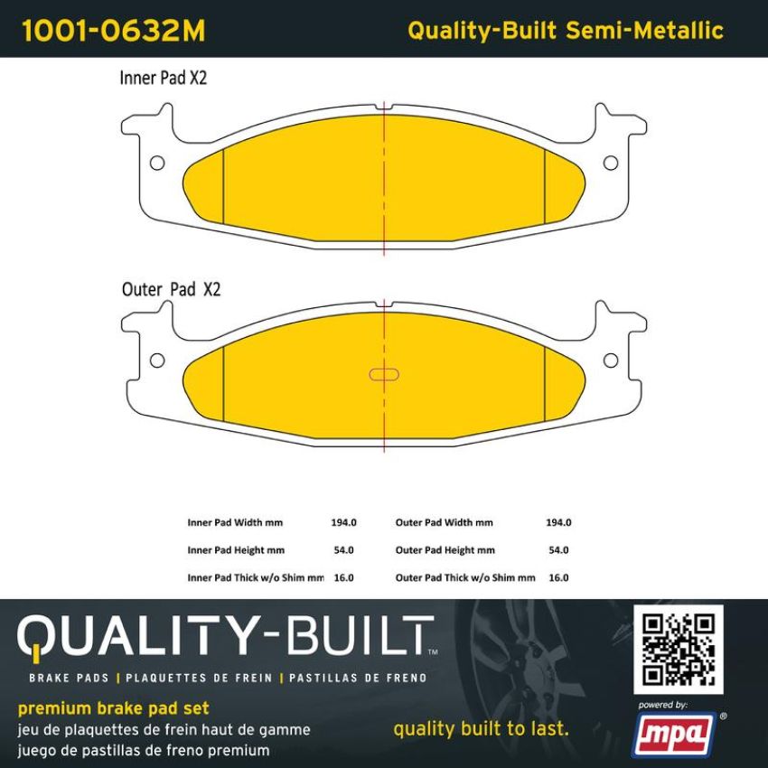 MPA 1001-0632M Quality-Built Premium Semi-Metallic Brake Pads w/ Hardware