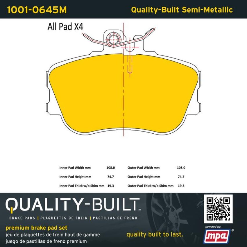 MPA 1001-0645M Quality-Built Premium Semi-Metallic Brake Pads w/ Hardware