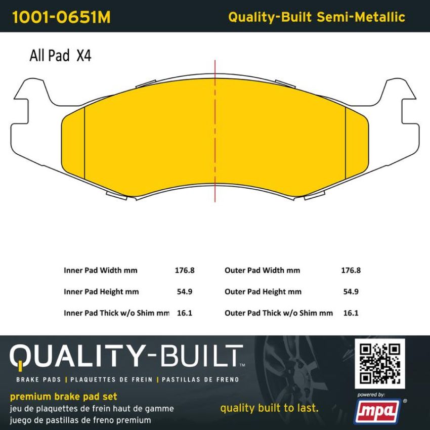 MPA 1001-0651M Quality-Built Premium Semi-Metallic Brake Pads w/ Hardware