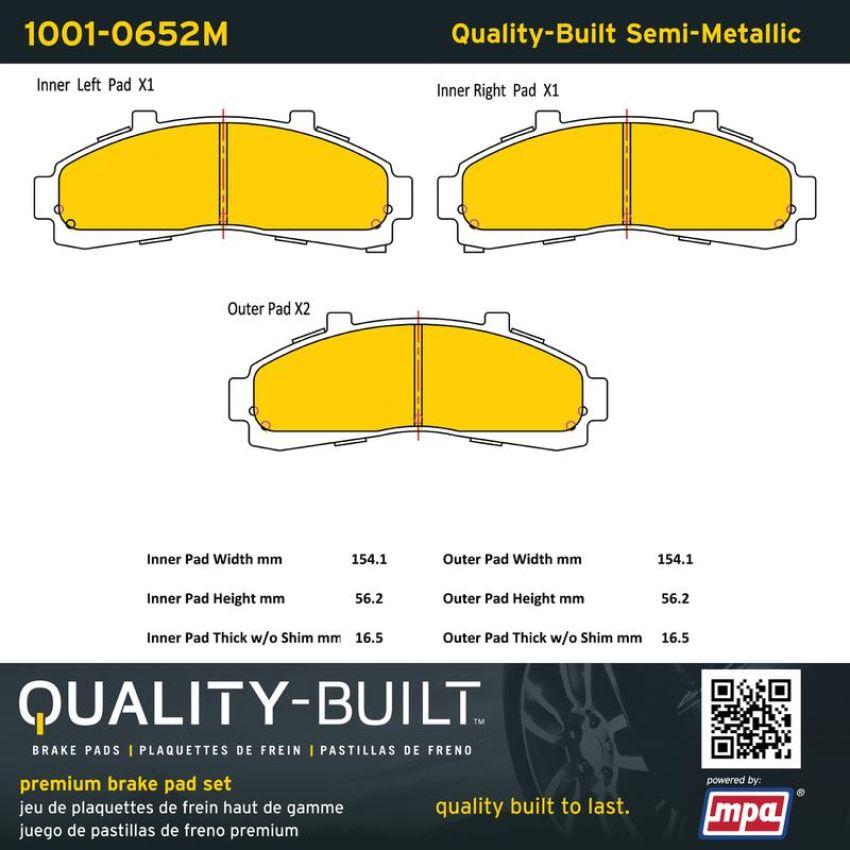 MPA 1001-0652M Quality-Built Premium Semi-Metallic Brake Pads w/ Hardware