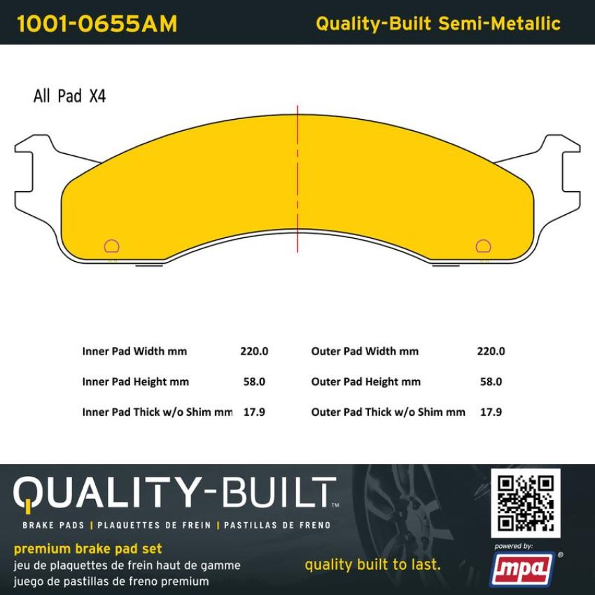 MPA 1001-0655AM Quality-Built Premium Semi-Metallic Brake Pads w/ Hardware