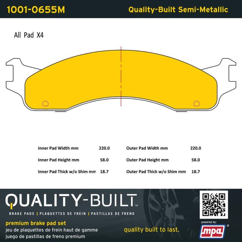 MPA 1001-0655M Quality-Built Premium Semi-Metallic Brake Pads w/ Hardware