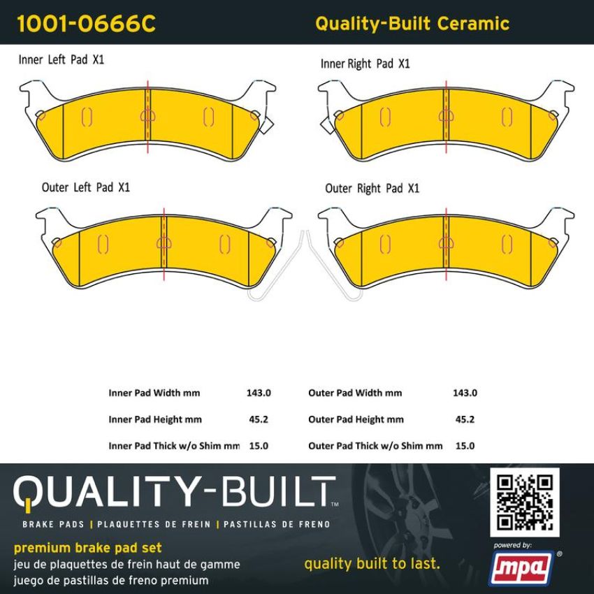 MPA 1001-0666C Quality-Built Premium Ceramic Brake Pads w/ Hardware