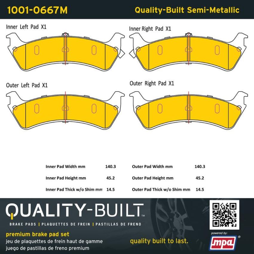 MPA 1001-0667M Quality-Built Premium Semi-Metallic Brake Pads w/ Hardware