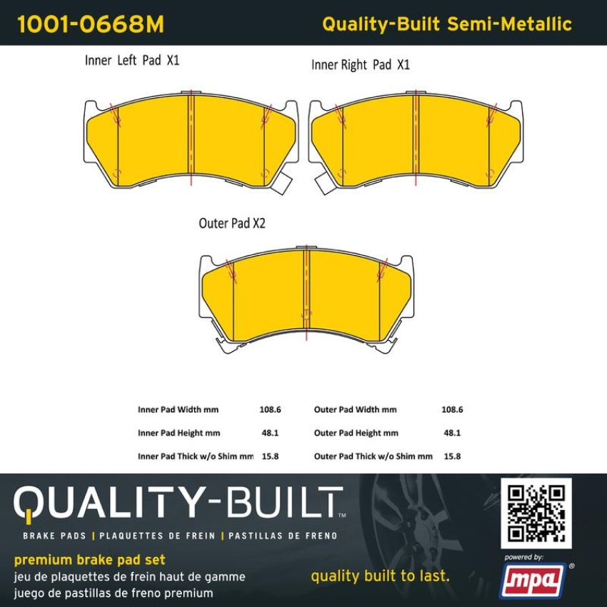 MPA 1001-0668M Quality-Built Premium Semi-Metallic Brake Pads w/ Hardware