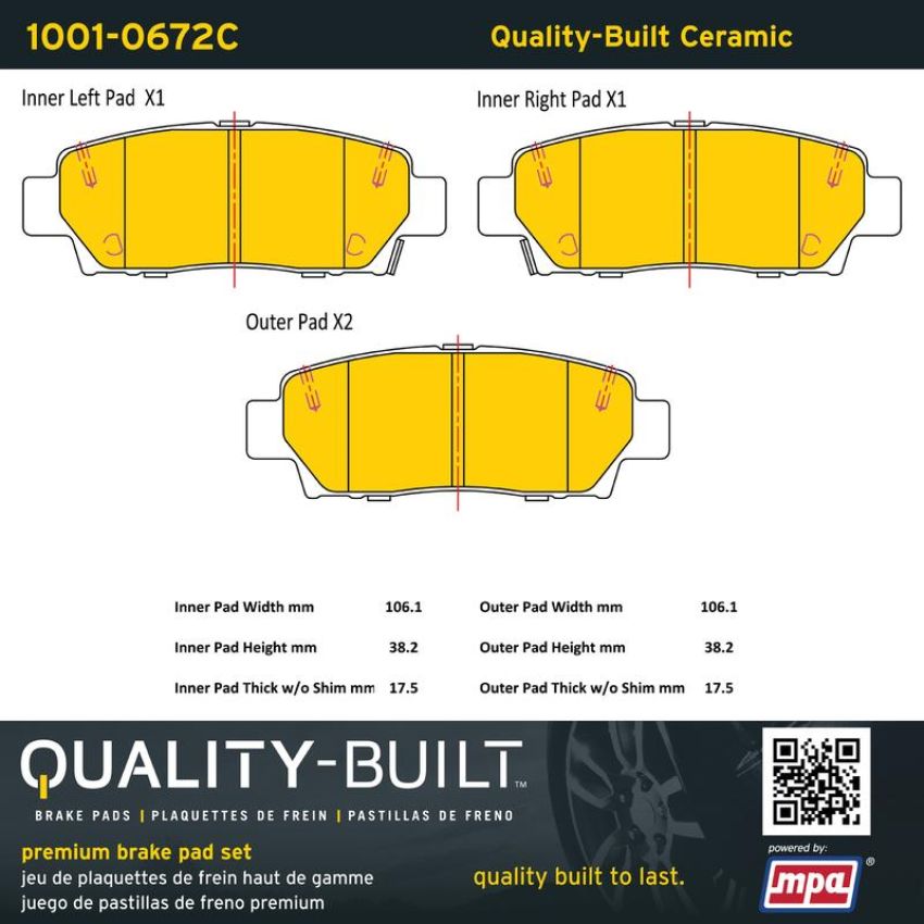 MPA 1001-0672C Quality-Built Premium Ceramic Brake Pads w/ Hardware
