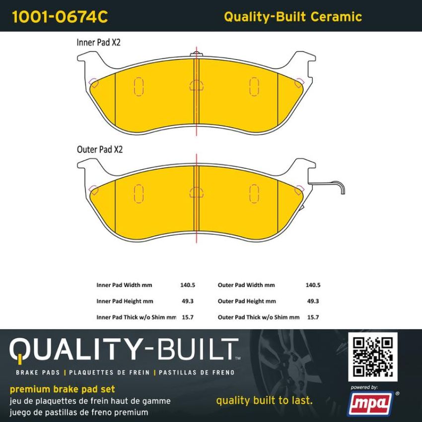 MPA 1001-0674C Quality-Built Premium Ceramic Brake Pads w/ Hardware