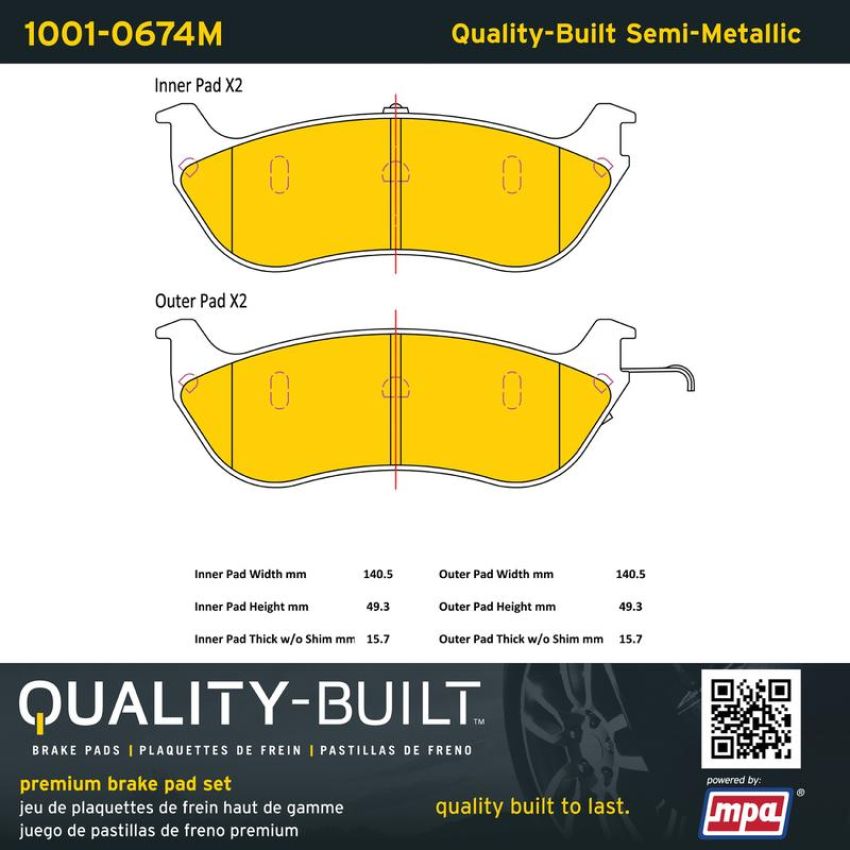 MPA 1001-0674M Quality-Built Premium Semi-Metallic Brake Pads w/ Hardware