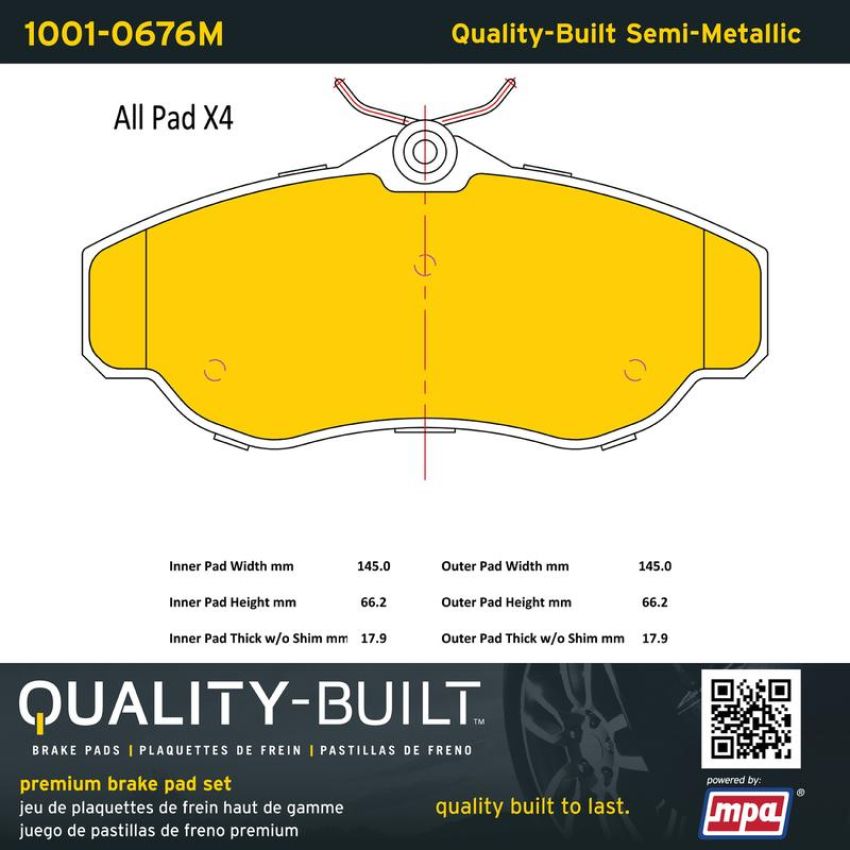 MPA 1001-0676M Quality-Built Premium Semi-Metallic Brake Pads w/ Hardware