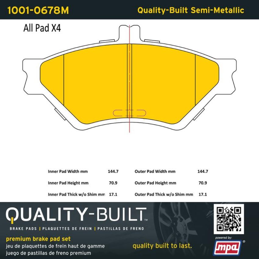 MPA 1001-0678M Quality-Built Premium Semi-Metallic Brake Pads w/ Hardware