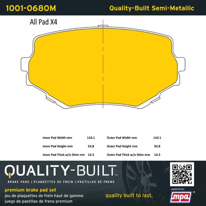 MPA 1001-0680M Quality-Built Premium Semi-Metallic Brake Pads w/ Hardware