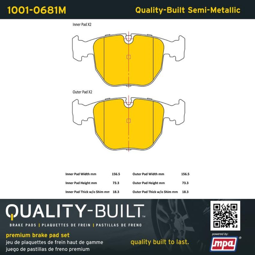MPA 1001-0681M Quality-Built Premium Semi-Metallic Brake Pads w/ Hardware