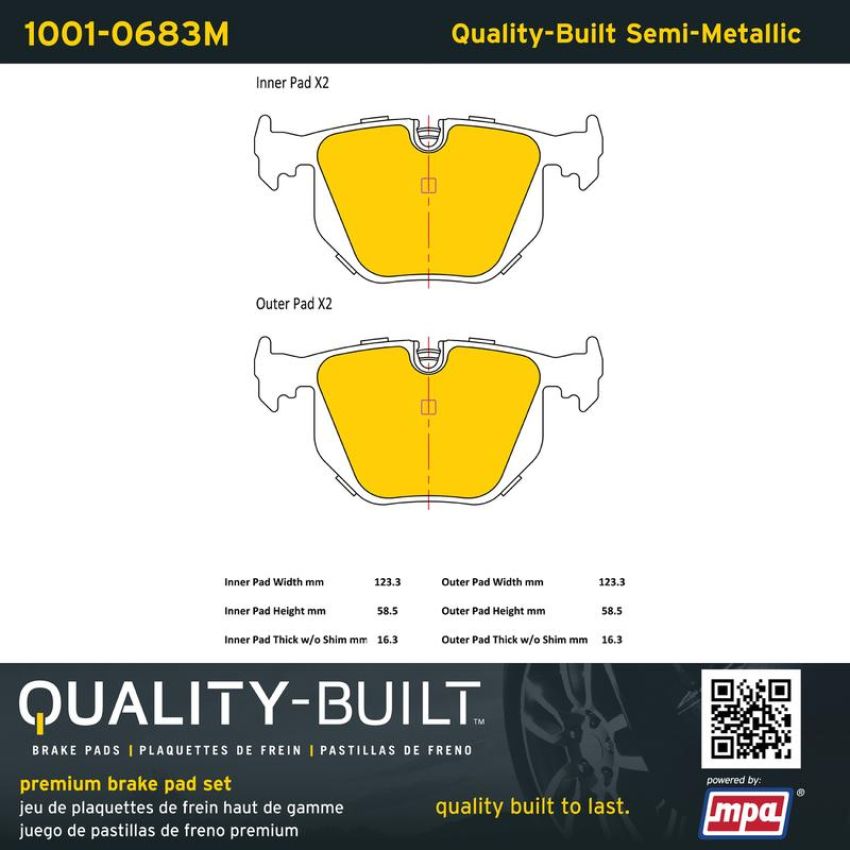 MPA 1001-0683M Quality-Built Premium Semi-Metallic Brake Pads w/ Hardware