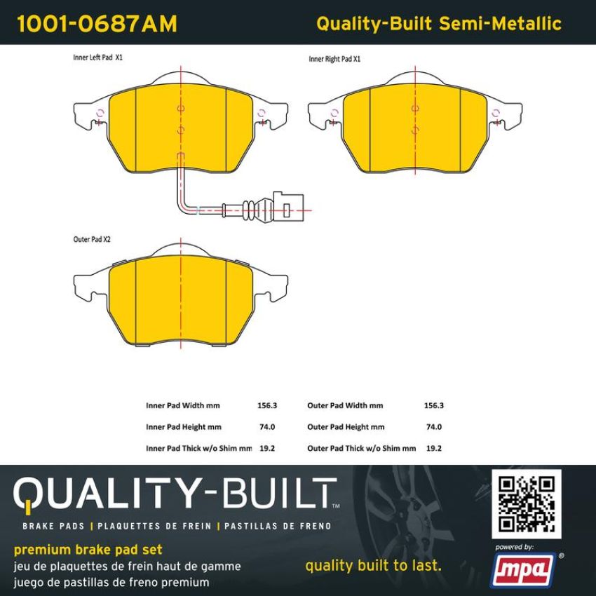 MPA 1001-0687AM Quality-Built Premium Semi-Metallic Brake Pads w/ Hardware