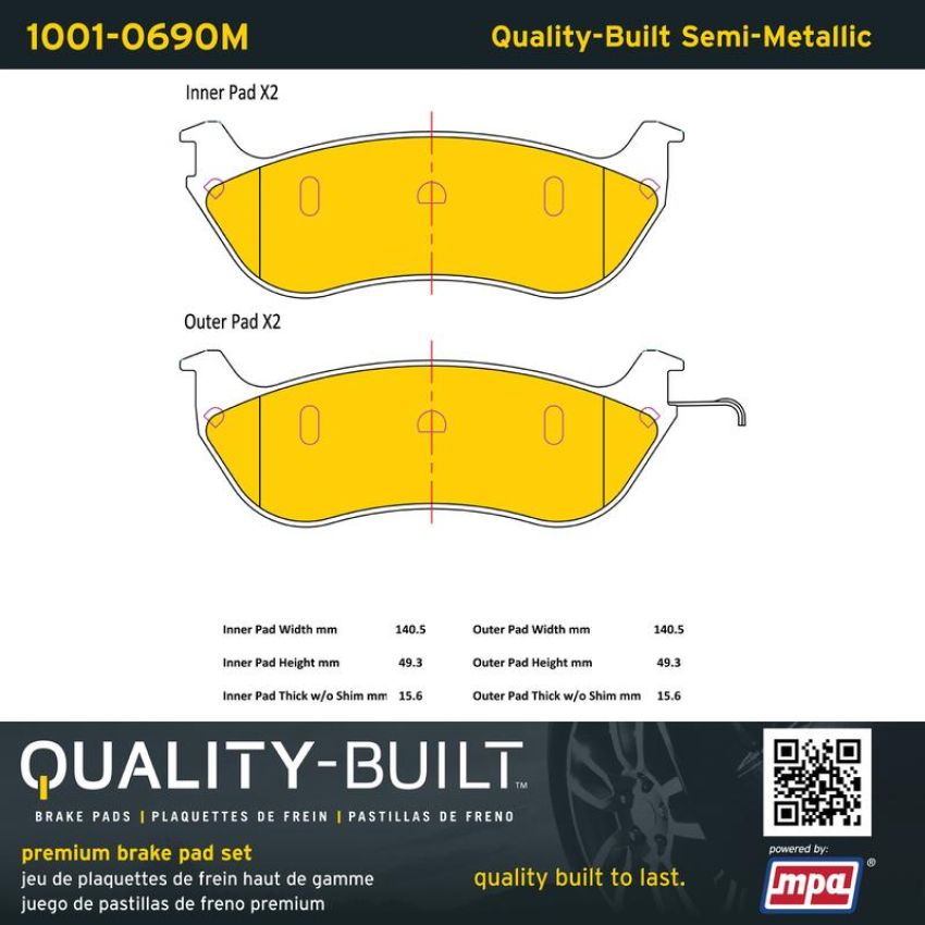 MPA 1001-0690M Quality-Built Premium Semi-Metallic Brake Pads w/ Hardware