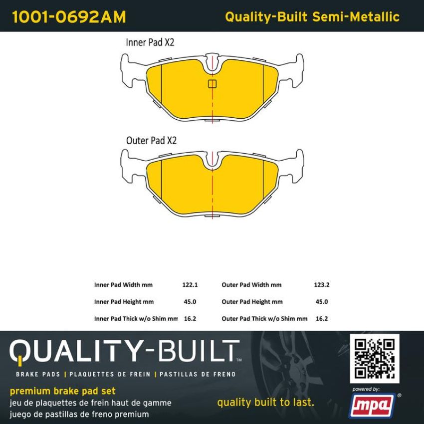 MPA 1001-0692AM Quality-Built Premium Semi-Metallic Brake Pads w/ Hardware