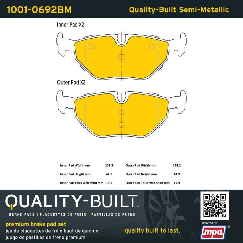 MPA 1001-0692BM Quality-Built Premium Semi-Metallic Brake Pads w/ Hardware