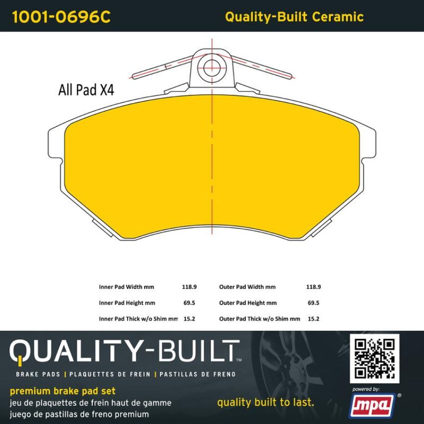 MPA 1001-0696C Quality-Built Premium Ceramic Brake Pads w/ Hardware
