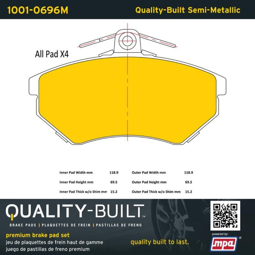 MPA 1001-0696M Quality-Built Premium Semi-Metallic Brake Pads w/ Hardware
