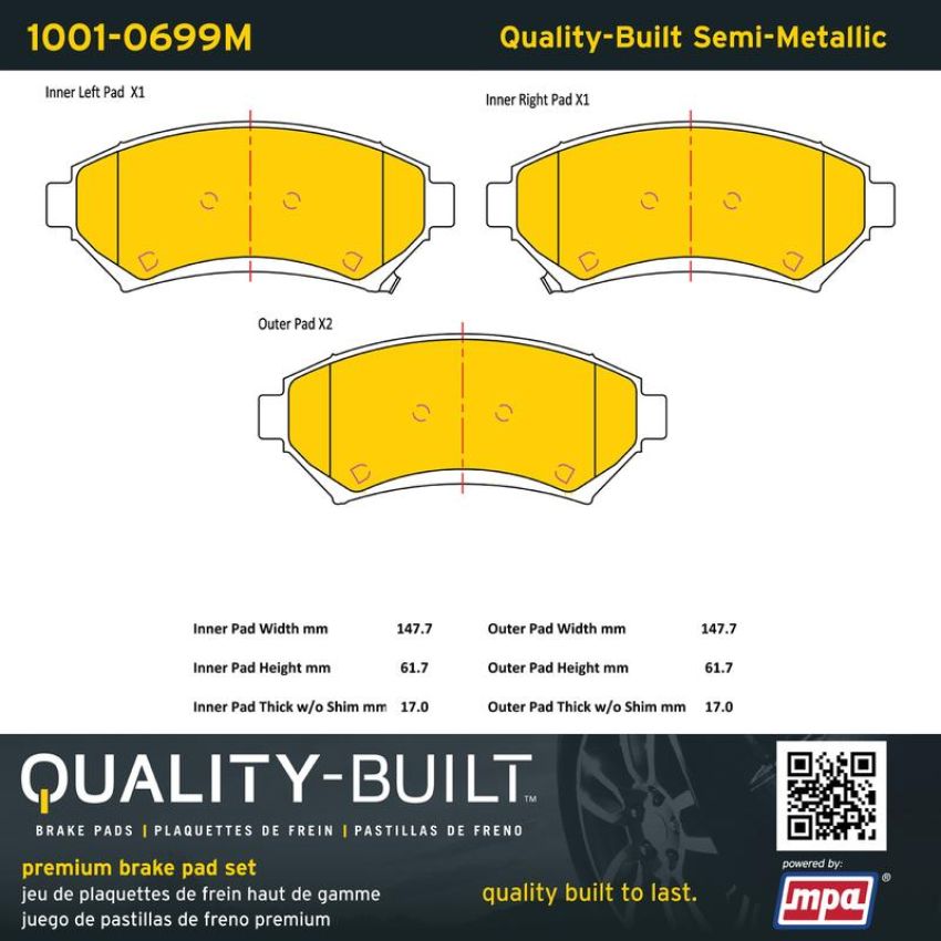 MPA 1001-0699M Quality-Built Premium Semi-Metallic Brake Pads w/ Hardware