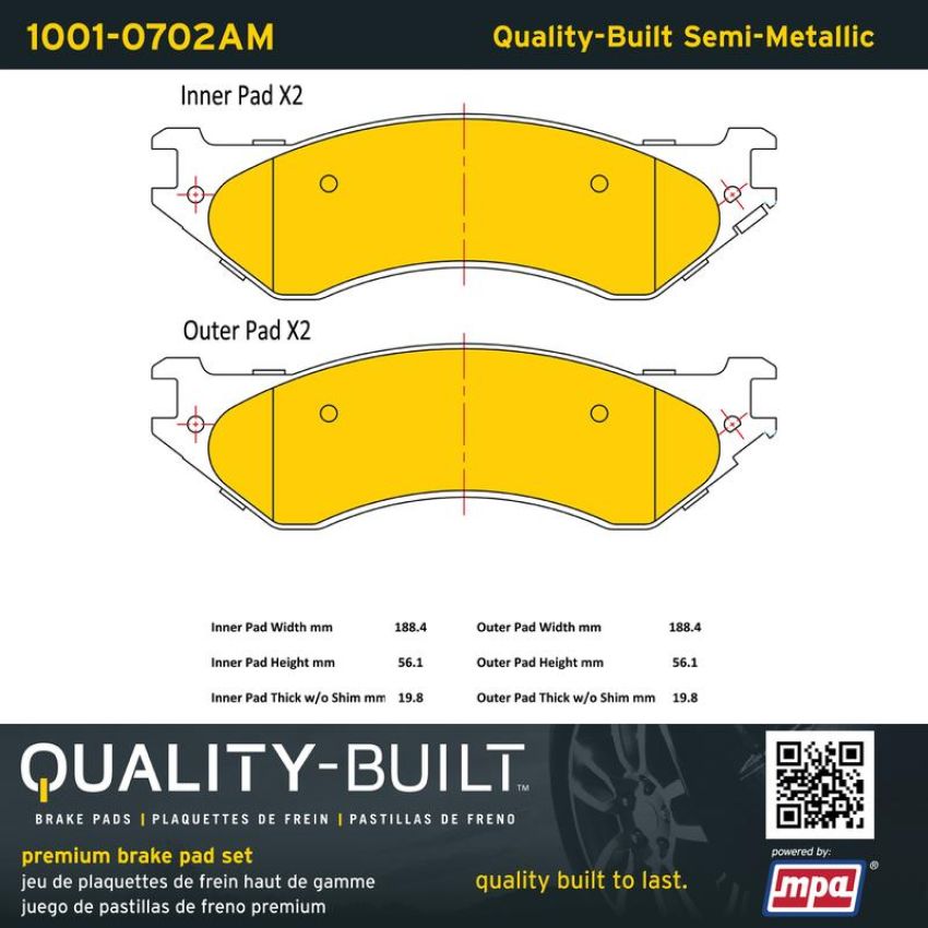 MPA 1001-0702AM Quality-Built Premium Semi-Metallic Brake Pads w/ Hardware