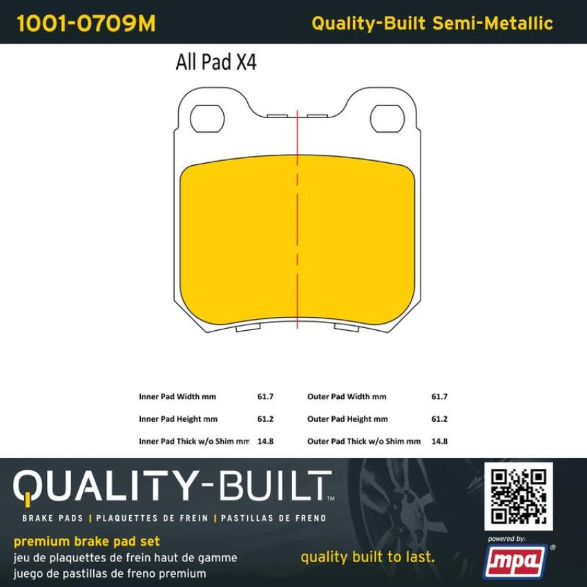 MPA 1001-0709M Quality-Built Premium Semi-Metallic Brake Pads w/ Hardware