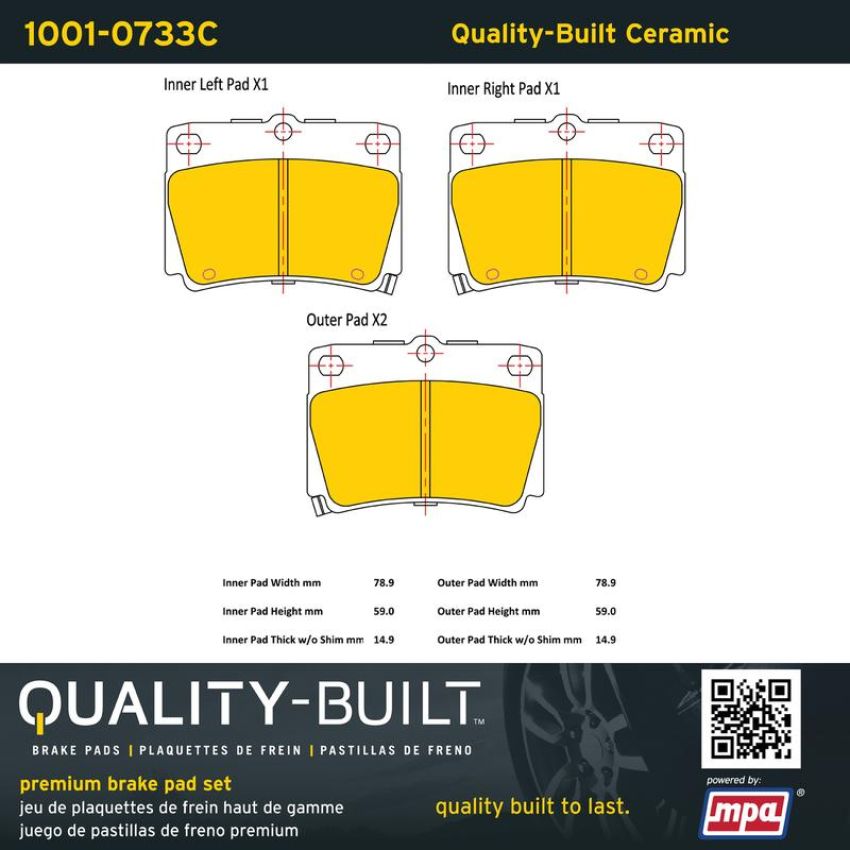 MPA 1001-0733C Quality-Built Premium Ceramic Brake Pads w/ Hardware