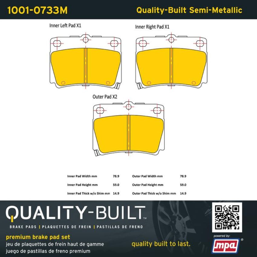 MPA 1001-0733M Quality-Built Premium Semi-Metallic Brake Pads w/ Hardware