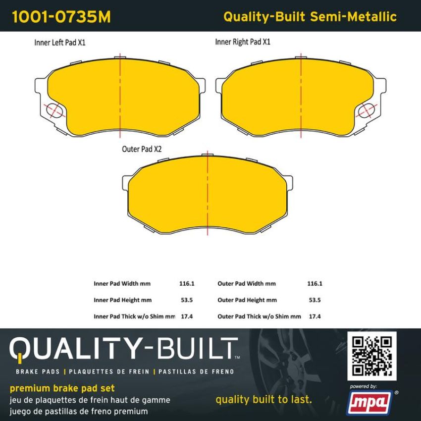 MPA 1001-0735M Quality-Built Premium Semi-Metallic Brake Pads w/ Hardware