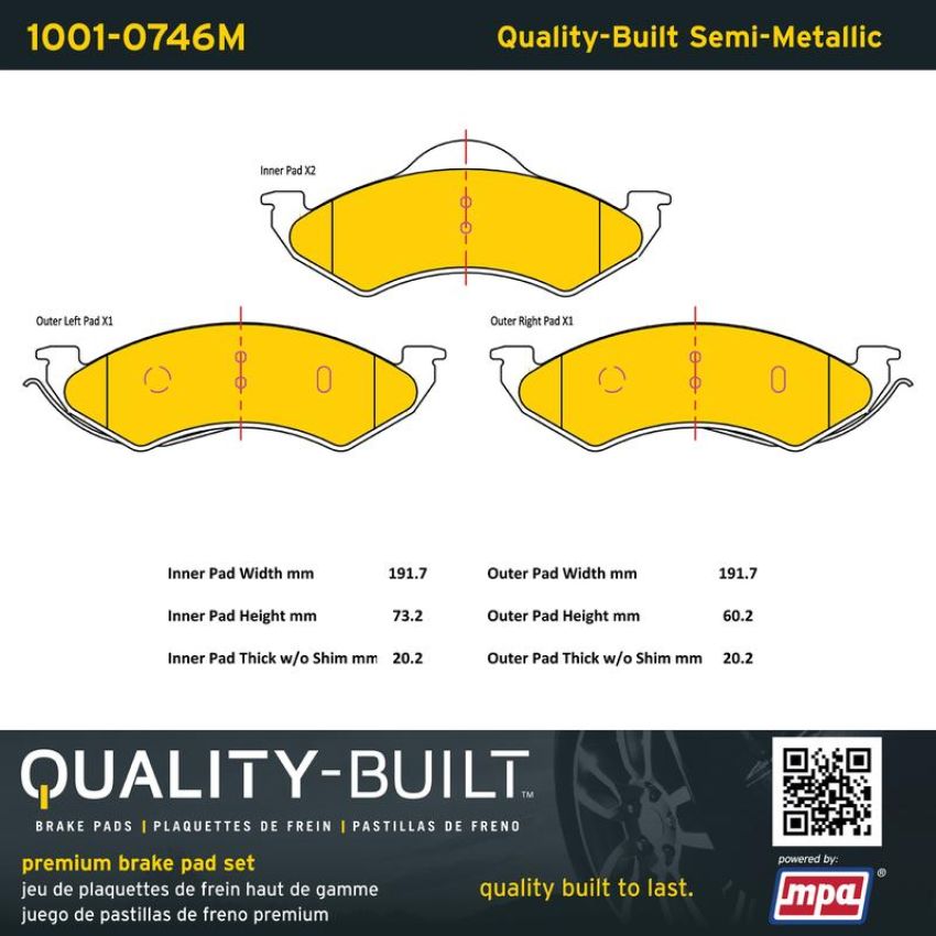 MPA 1001-0746M Quality-Built Premium Semi-Metallic Brake Pads w/ Hardware