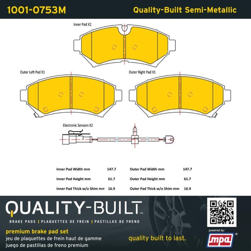 MPA 1001-0753M Quality-Built Premium Semi-Metallic Brake Pads w/ Hardware