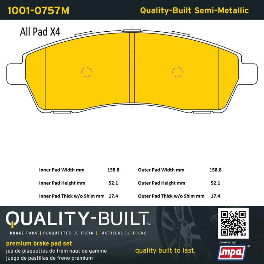 MPA 1001-0757M Quality-Built Premium Semi-Metallic Brake Pads w/ Hardware