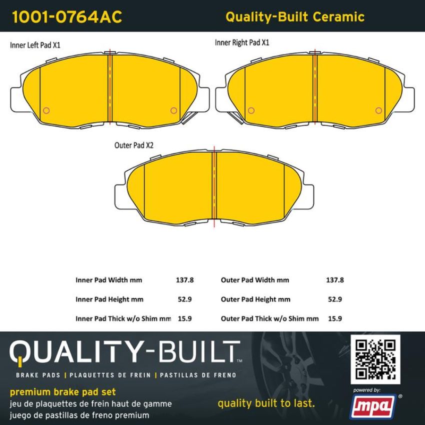 MPA 1001-0764AC Quality-Built Premium Ceramic Brake Pads w/ Hardware