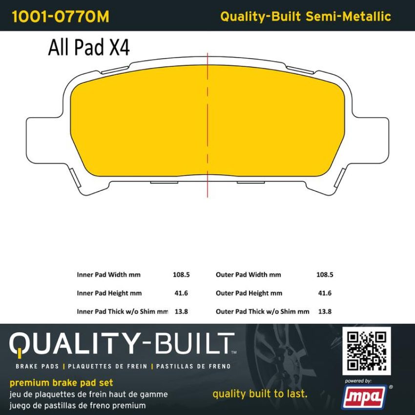 MPA 1001-0770M Quality-Built Premium Semi-Metallic Brake Pads w/ Hardware