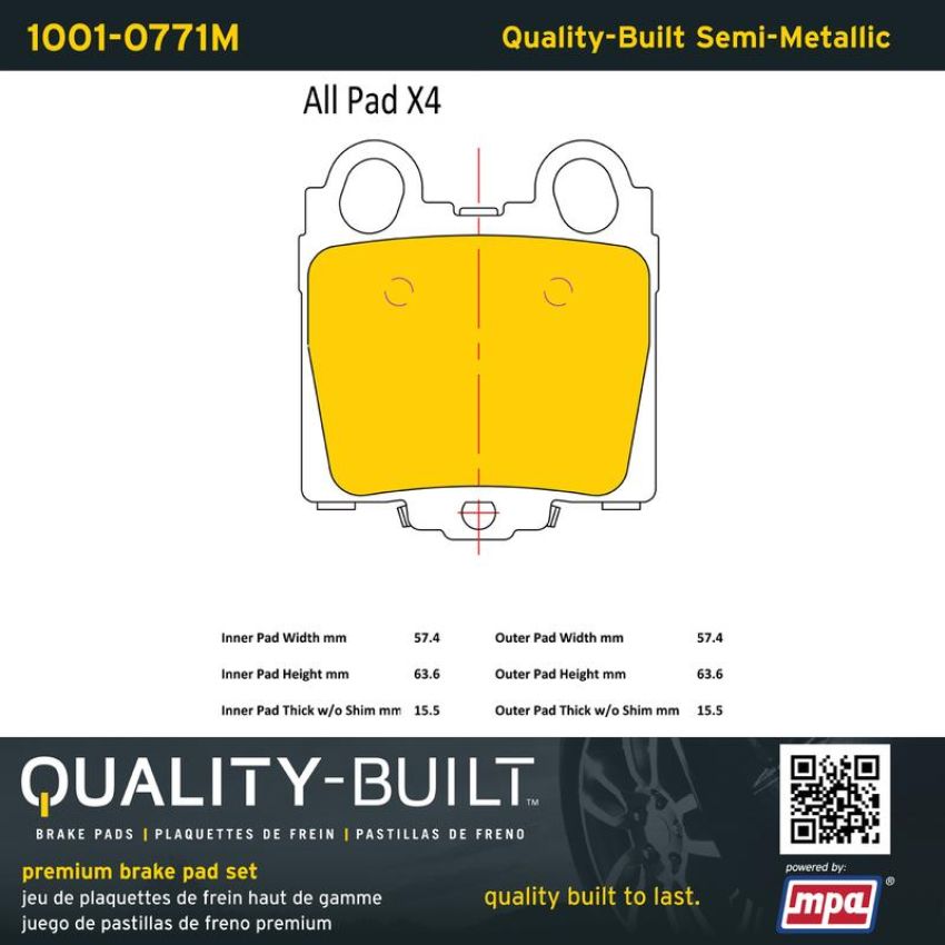 MPA 1001-0771M Quality-Built Premium Semi-Metallic Brake Pads w/ Hardware