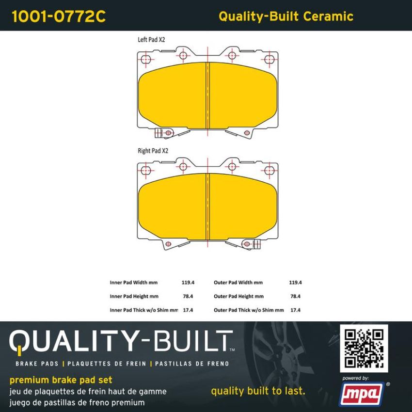 MPA 1001-0772C Quality-Built Premium Ceramic Brake Pads w/ Hardware