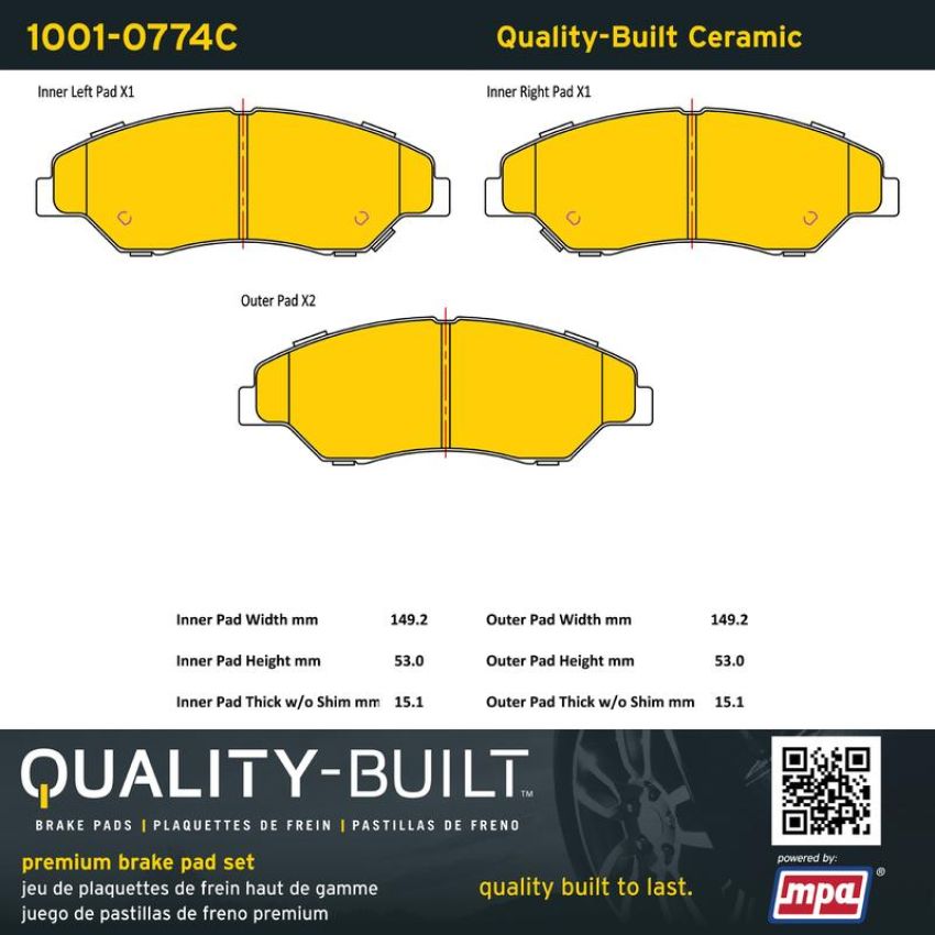 MPA 1001-0774C Quality-Built Premium Ceramic Brake Pads w/ Hardware