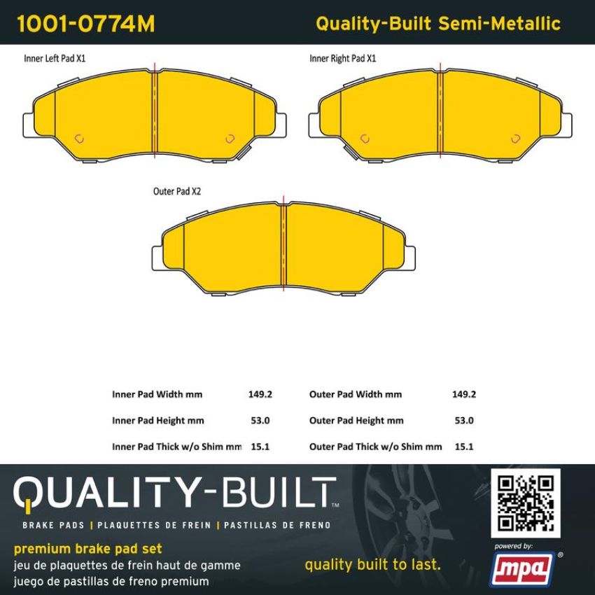 MPA 1001-0774M Quality-Built Premium Semi-Metallic Brake Pads w/ Hardware