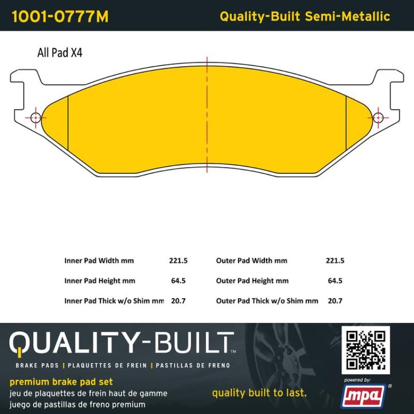 MPA 1001-0777M Quality-Built Premium Semi-Metallic Brake Pads w/ Hardware
